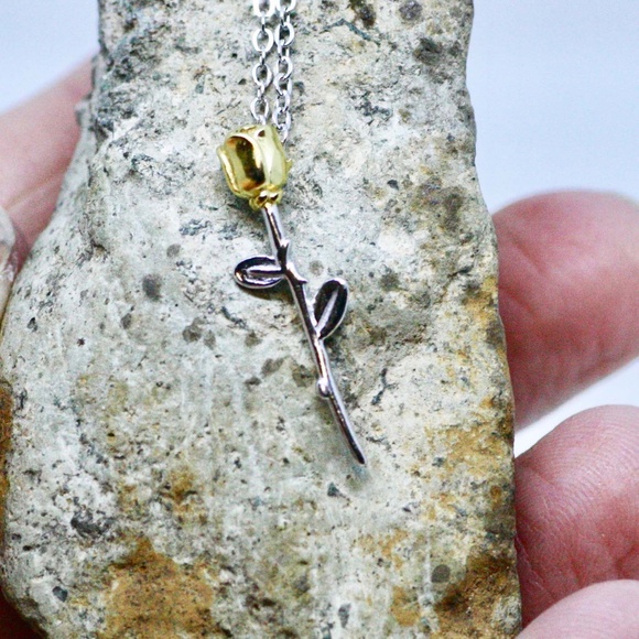Romantic Two Tone Rose Flower Pendant Sterling Silver 925 , Flower Necklace - Picture 5 of 10